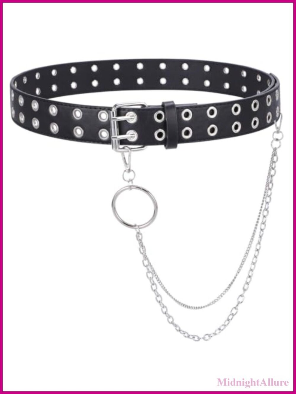 PU Leather Double Grommet Belt with Chain Double Prong Buckle Punk Rock